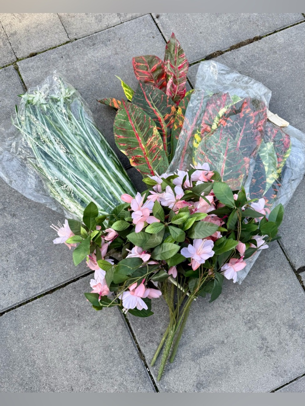 Bundle of artificial Fuchsia, Croton and Spider Plant